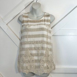 Maurices Lace Overlay Tan and Cream Striped Tank Top, Medium